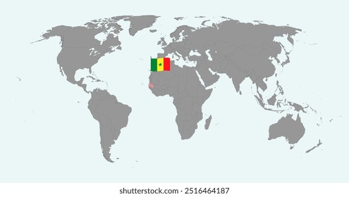 Mapa do pino com a bandeira do Senegal no mapa do mundo. Ilustração vetorial.
