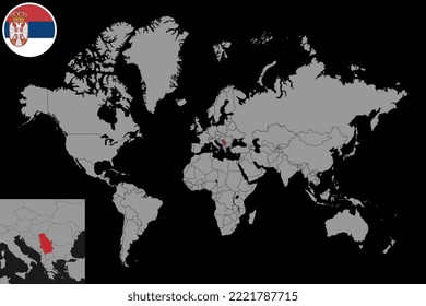 Pin map with Serbia flag on world map. Vector illustration.
