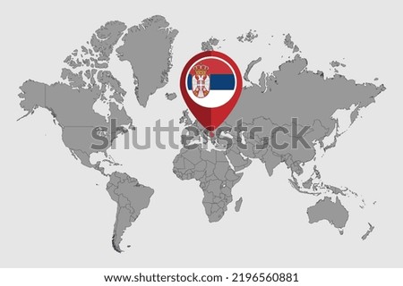 Pin map with Serbia flag on world map. Vector illustration.