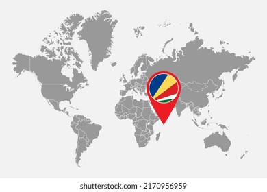 Pin map with Seychelles flag on world map. Vector illustration.