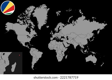Pin-Karte mit Seychellen-Flagge auf der Weltkarte. Vektorgrafik.