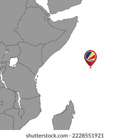 Mapa con la bandera de Seychelles en el mapa del mundo. Ilustración vectorial.