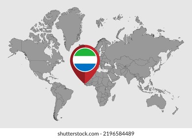 Mapa con la bandera de Sierra Leona en el mapa del mundo. Ilustración vectorial.