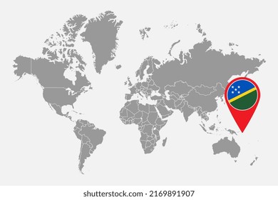 Pin map with Solomon Islands flag on world map. Vector illustration.