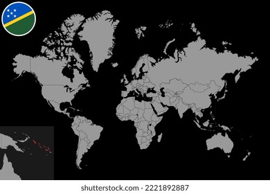 Pin map with Solomon Islands flag on world map. Vector illustration.