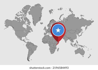 Mapa con la bandera de Somalia en el mapa del mundo. Ilustración vectorial.
