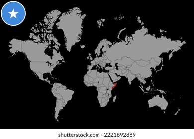 Pin map with Somalia flag on world map. Vector illustration.