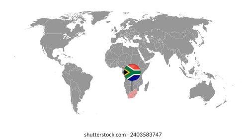 Pin map with South Africa flag on world map. Vector illustration.