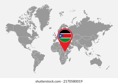 Mapa de pines con la bandera de Sudán del Sur en el mapa mundial. Ilustración vectorial.