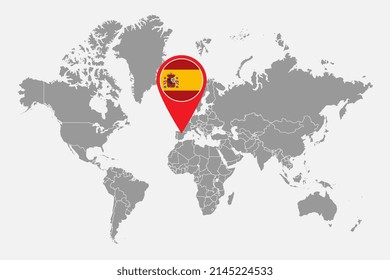 Mapa de pines con la bandera de España en el mapa del mundo.Ilustración vectorial.