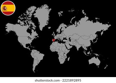 Pin map with Spain flag on world map.Vector illustration.