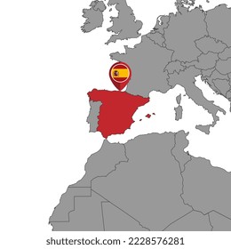 Mapa de pines con la bandera de España en el mapa del mundo.Ilustración vectorial.