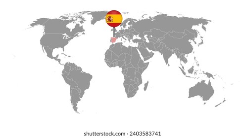 Mapa con la bandera de España en el mapa del mundo. Ilustración vectorial.