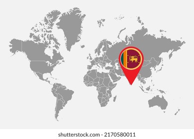 Mapa con la bandera de Sri Lanka en el mapa del mundo. Ilustración vectorial.