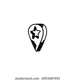 Pin map with star location icon vector doodle. Pointer marker shape for GPS tracker, hand drawn in sketch style. Destination symbol drawing.