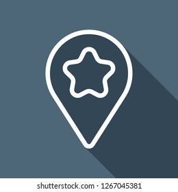 pin map with star, outline linear icon. White flat icon with long shadow on blue background