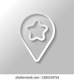 pin map with star, outline linear icon. Paper style with shadow on gray background