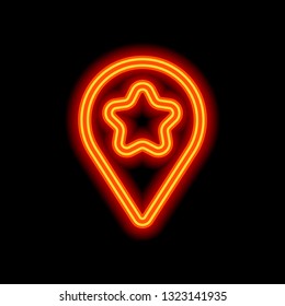 pin map with star, outline linear icon. Orange neon style on black background. Light icon