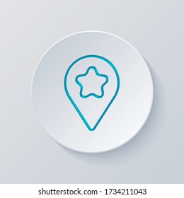pin map with star, outline linear icon. Cut circle with gray and blue layers. Paper style