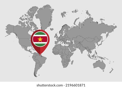 Pin map with Suriname flag on world map. Vector illustration.