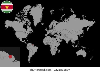 Pin map with Suriname flag on world map. Vector illustration.
