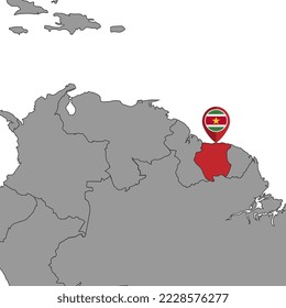 Pin map with Suriname flag on world map. Vector illustration.