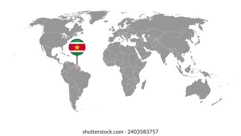 Pin map with Suriname flag on world map. Vector illustration.