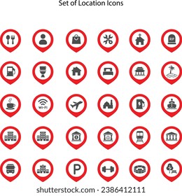 Pin map symbol icon set, place of government, official, religious, cabaret, public health, travel, transport, relaxation, museum, airport, hospital, station, park, academy, gas station, stadium, city.