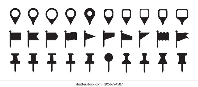 Pin map tag icon set. Push pinned and flag sign. Pin location tagging icons for digital map and website application pointer set. Flat black color design. Vector stock illustration collection.