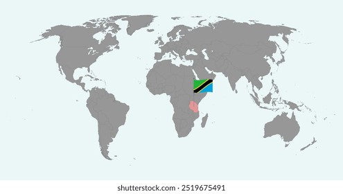 Mapa do pino com a bandeira da Tanzânia no mapa do mundo. Ilustração vetorial.