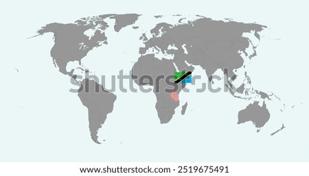 Pin map with Tanzania flag on world map. Vector illustration.