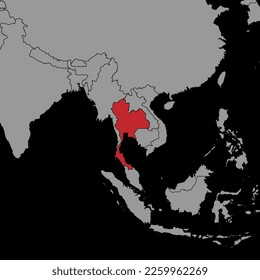 Mapa con la bandera de Tailandia en el mapa del mundo. Ilustración vectorial.