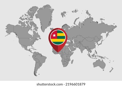 Pin map with Togo flag on world map. Vector illustration.