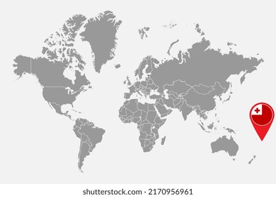 Pin map with Tonga flag on world map. Vector illustration.