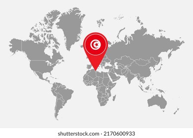 Pin map with Tunisia flag on world map. Vector illustration.