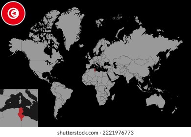Mapa de pines con la bandera de Túnez en el mapa del mundo. Ilustración vectorial.