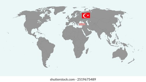 Mapa do pino com bandeira da Turquia no mapa do mundo. Ilustração vetorial.