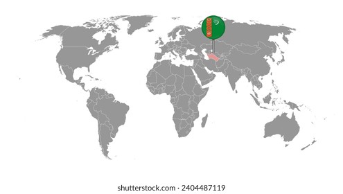 Pin map with Turkmenistan flag on world map. Vector illustration.