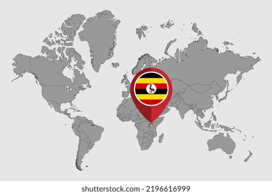 Pin-Karte mit Uganda-Flagge auf der Weltkarte. Vektorgrafik.