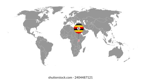 Mapa de pines con la bandera de Uganda en el mapa del mundo. Ilustración vectorial.