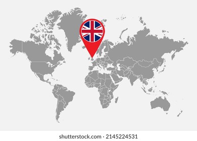 Pin map with UK flag on world map.Vector illustration.