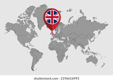 Pin Map With UK Flag On World Map.Vector Illustration.