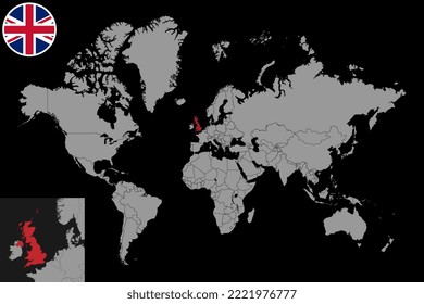 Pin map with UK flag on world map.Vector illustration.