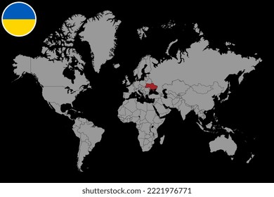 Mapa de pines con la bandera de Ucrania en el mapa del mundo. Ilustración vectorial.