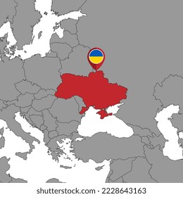 Pin map with Ukraine flag on world map.Vector illustration.