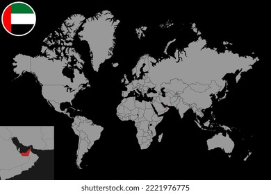 Pin map with United Arab Emirates flag on world map. Vector illustration.
