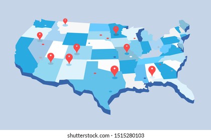 Mappa pin degli Stati Uniti d'America. Illustrazione vettoriale