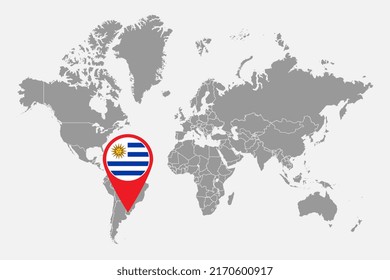 Pin map with Uruguay flag on world map. Vector illustration.