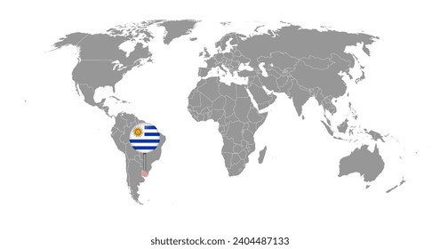 Pin map with Uruguay flag on world map. Vector illustration.