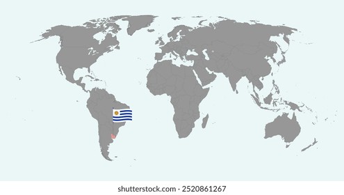 Mapa do pino com a bandeira do Uruguai no mapa do mundo. Ilustração vetorial.